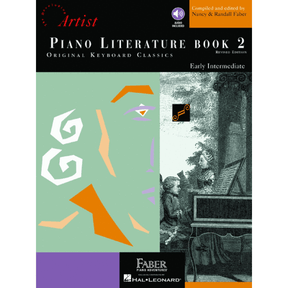 The image shows the cover of "Piano Literature Book 2" from the Faber Piano Adventures series by Hal Leonard, designed for early intermediate students. It features an artistic geometric design and a historical illustration of people around a keyboard. Edited by Nancy & Randall Faber, this revised edition includes original keyboard classics and audio recordings to support classical piano study.