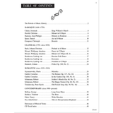The image shows a table of contents from a music book organized by major music periods: Baroque (Clarke, Rameau), Classical (Mozart, Beethoven), Romantic (Schumann, Tchaikovsky), and Contemporary (McKay, Faber). It lists selected works from each era and includes a Dictionary of Musical Terms and CD Track Index, indicating it’s likely a piano method or anthology with audio materials.