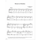 The image shows a sheet music page for "Menuet en Rondeau" by Jean-Philippe Rameau, written for piano in 3/4 time with an Allegretto tempo. It features treble and bass staves with numbered measures and includes an educational note on the French Baroque practice of "notes inégales," where eighth notes are played unevenly. The page is from a music instruction book for piano students.