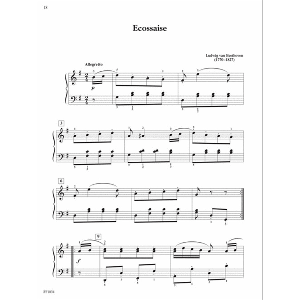 The image shows a page of sheet music for Beethoven’s "Ecossaise," marked Allegretto in 2/4 time and F major (one flat). It features piano notation with treble and bass clefs, dynamic markings, slurs, fingering numbers, and measure numbers at 3, 6, and 9. The title, composer’s name with dates, and publisher code "FF1034" appear. The piece is a simple, elegant dance typical of Beethoven’s lighter piano works.
