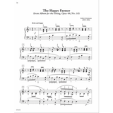 The image shows a page of sheet music for "The Happy Farmer" by Robert Schumann from his "Album for the Young," Op. 68, No. 10. It features piano notation on a grand staff, the performance marking "Brisk and happy," measure numbers, dynamics, slurs, fingering, and the publisher code "FF1034." This popular beginner-intermediate piece is known for its cheerful rhythm and educational use.
