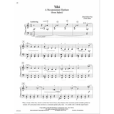 The image shows a page of piano sheet music titled "Yiki - A Mesopotamian Elephant (from Safari)" by John Robert Poe, page 44. It features treble and bass clefs, 4/4 time, and the tempo marking "Lumbering." Notable details include dynamic markings (ff, mf, f), hand indications (R.H., L.H.), sostenuto pedal use, measure numbers, fingering, articulations, and instructions to play a loud white-key cluster on the lowest four keys. Published by Carl Fischer, 1977.