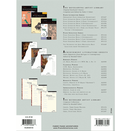 The image shows the back cover of a Faber Piano Adventures piano music catalog featuring method books and sheet music. On the left are colorful piano method books, while the right lists "The Developing Artist Library" series, organized by difficulty and musical period. Visible are classical composer titles, product codes, pricing, and publisher info, highlighting a comprehensive piano education curriculum from beginner to advanced levels.