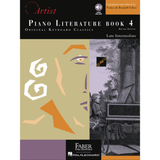The image shows the cover of "Piano Literature Book 4" from the Faber Piano Adventures Artist series. It is a late intermediate, revised edition featuring original classical keyboard works, compiled by Nancy & Randall Faber. The design includes abstract geometric shapes on the left and a classical keyboard illustration on the right. Published by Hal Leonard, the book includes audio content and combines modern teaching with classical traditions.