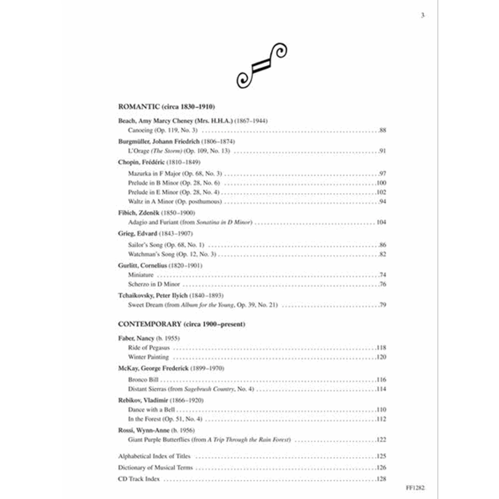 The image shows a table of contents from a piano music anthology organized into two periods: Romantic (1830-1910) featuring composers like Chopin, Tchaikovsky, and Grieg, and Contemporary (1900-present) with works by Faber, McKay, Rebikov, and Roed. It includes pieces such as Mazurkas, Preludes, and miniatures, plus supplementary materials like an index, musical terms, and CD track listings for intermediate pianists.