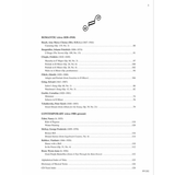 The image shows a table of contents from a piano music anthology organized into two periods: Romantic (1830-1910) featuring composers like Chopin, Tchaikovsky, and Grieg, and Contemporary (1900-present) with works by Faber, McKay, Rebikov, and Roed. It includes pieces such as Mazurkas, Preludes, and miniatures, plus supplementary materials like an index, musical terms, and CD track listings for intermediate pianists.