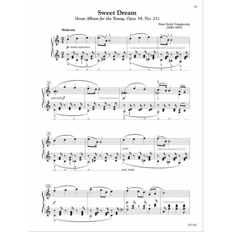 The image shows a page of piano sheet music for "Sweet Dream" from Tchaikovsky's "Album for the Young, Op. 39, No. 21." It features a 3/4 time signature, Moderato tempo, dynamic markings ("p molto espressivo," "poco più f"), fingering numbers, pedal markings, and measures 1–13 across multiple systems. The page number 79 and publisher code "FP1292" are visible. The clear notation suggests it’s from an educational piano collection.