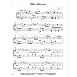 The image shows page 118 of the piano sheet music "Ride of Pegasus" by Nancy Faber. It features treble and bass clefs, tempo marking "Presto, 'in one'," dynamics (f, p, mf, mp), fingering, pedal markings, slurs, and measure numbers (5, 9, 13, 17). At the bottom is copyright info from FABER PIANO ADVENTURES, FJH Music Co. Inc., catalog number FF1282.
