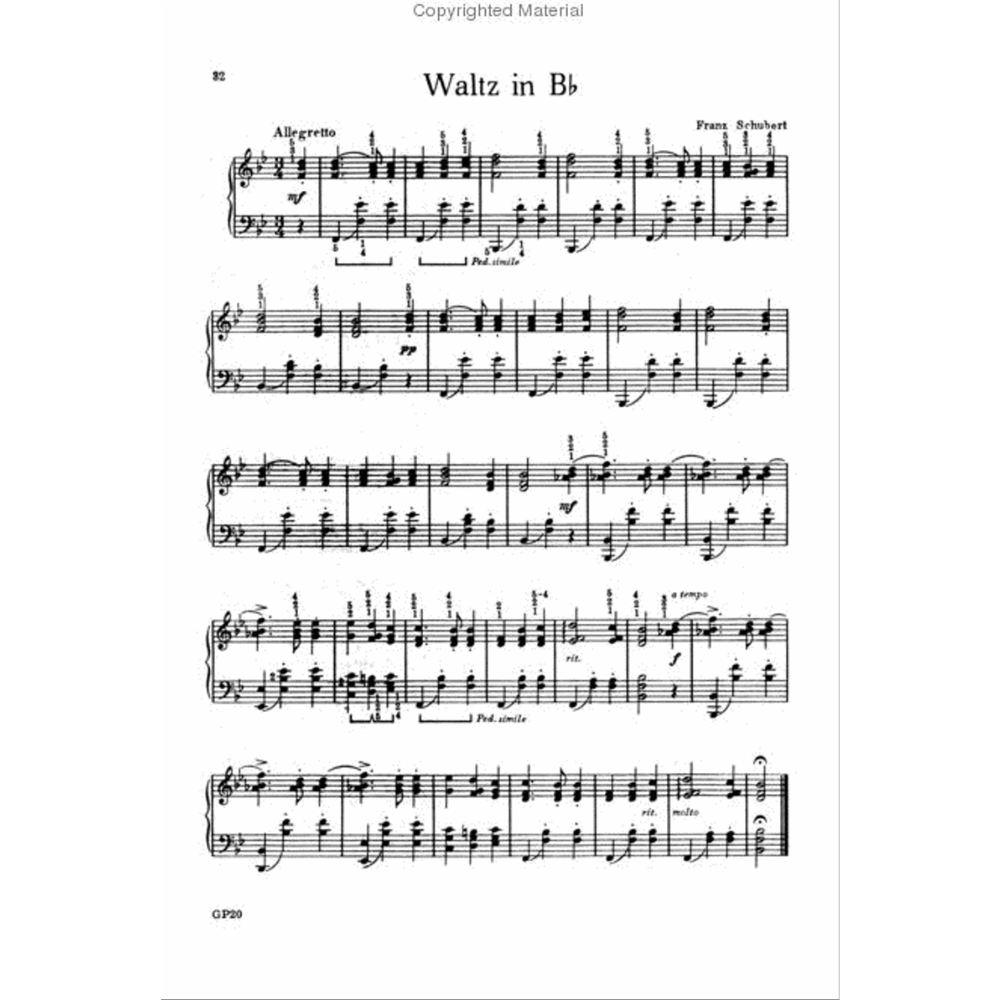 The image shows a page of piano sheet music for Schubert's "Waltz in Bb," marked Allegretto. It features a grand staff in B-flat major with a 3/4 time signature. Dynamic markings like mf and pp, pedal indications, fingering numbers, slurs, and phrase markings are visible. The professionally typeset page includes a "GP20" label and a "Copyrighted Material" watermark, indicating a modern published edition.