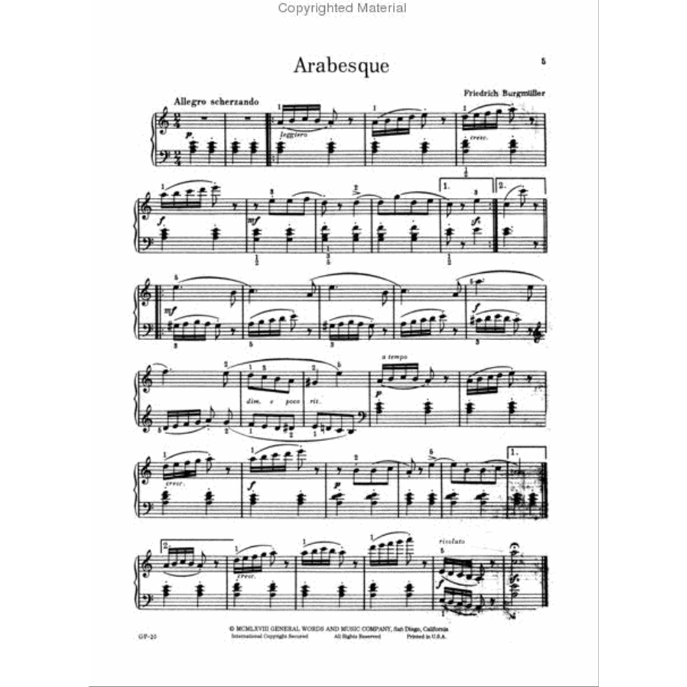 The image shows a page of piano sheet music for "Arabesque" by Friedrich Burgmüller, marked "Allegro scherzando." It features standard notation on a grand staff with notes, rests, dynamics, articulation, fingering, and tempo markings. A copyright notice appears at the bottom. This intermediate-level classical piece is widely used in piano education and performance.