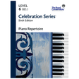 The image shows a piano method book from The Royal Conservatory's Celebration Series, titled "Piano Repertoire Level 6, Sixth Edition." It features the publisher's logo, indicates online recordings, and has an artistic cover with piano keys and blue ornamental scrollwork on a textured background. This intermediate-level book supports students with graded piano pieces and audio resources for practice.