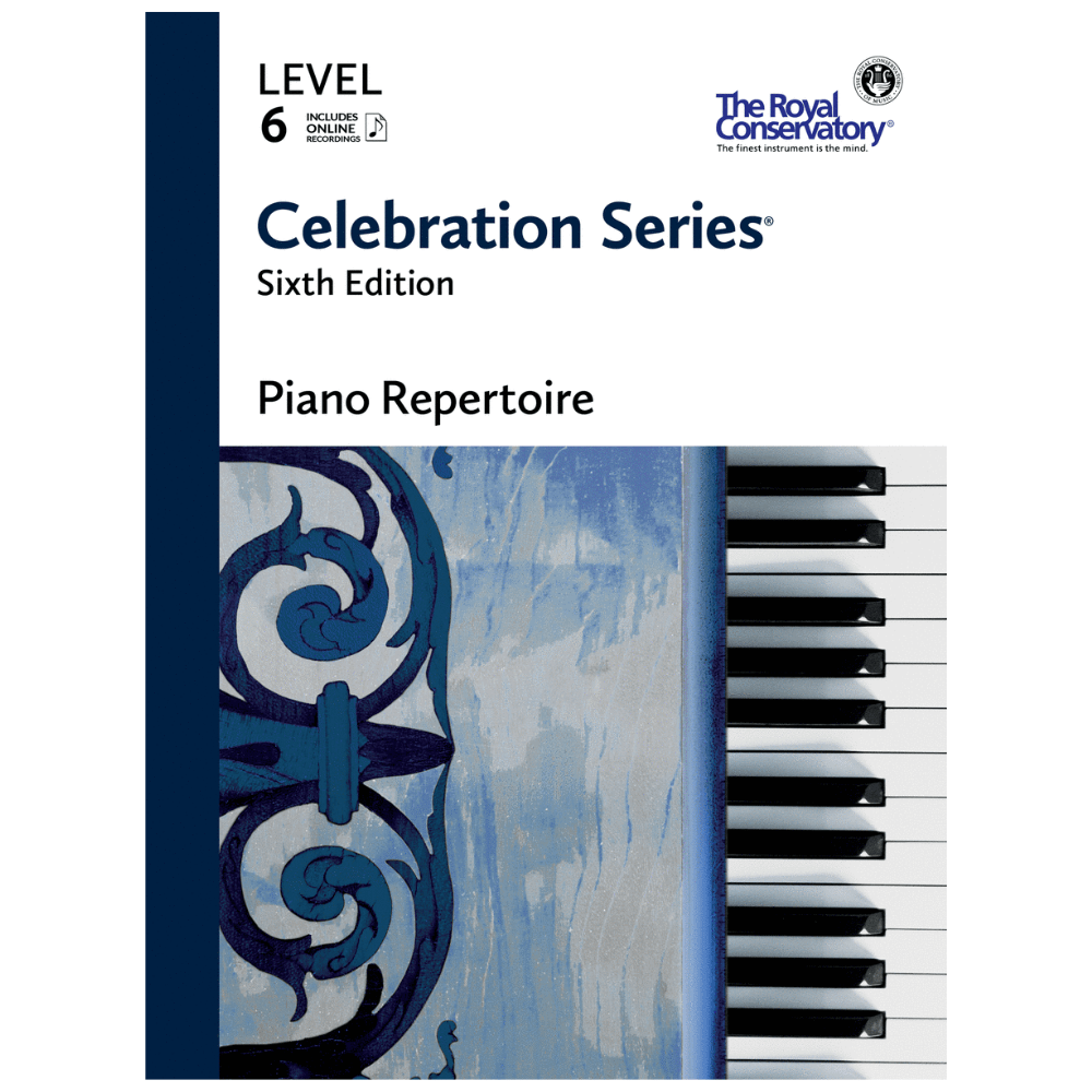 The image shows a piano method book from The Royal Conservatory's Celebration Series, titled "Piano Repertoire Level 6, Sixth Edition." It features the publisher's logo, indicates online recordings, and has an artistic cover with piano keys and blue ornamental scrollwork on a textured background. This intermediate-level book supports students with graded piano pieces and audio resources for practice.