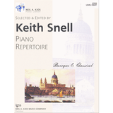The image shows a piano method book from the Neil A. Kjos Piano Library titled "Piano Repertoire: Baroque & Classical," selected and edited by Keith Snell. It is Level Eight (GP60B). The cover features a classical scene of St. Paul's Cathedral and boats on the Thames River, reflecting the Baroque and Classical music focus. This educational book contains curated pieces for intermediate to advanced piano students.