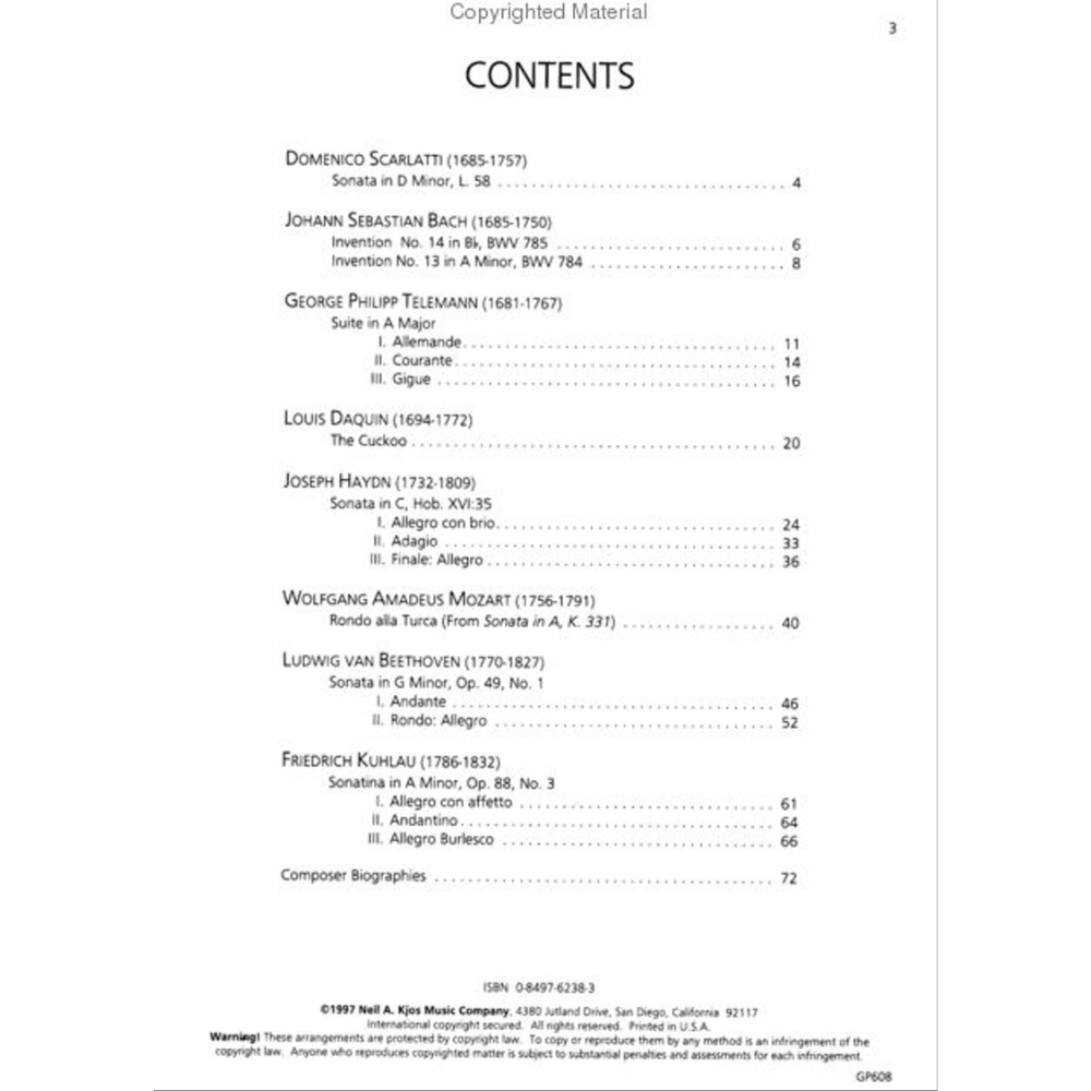 The image shows the table of contents from a classical piano music collection featuring works by Baroque to early Romantic composers, including Scarlatti, Bach, Telemann, Daquin, Haydn, Mozart, Beethoven, and Kuhlau. The listed pieces include sonatas, inventions, and dances. Published by Neil A. Kjos Music Company, the book also contains composer biographies and key pedagogical pieces from the classical repertoire.
