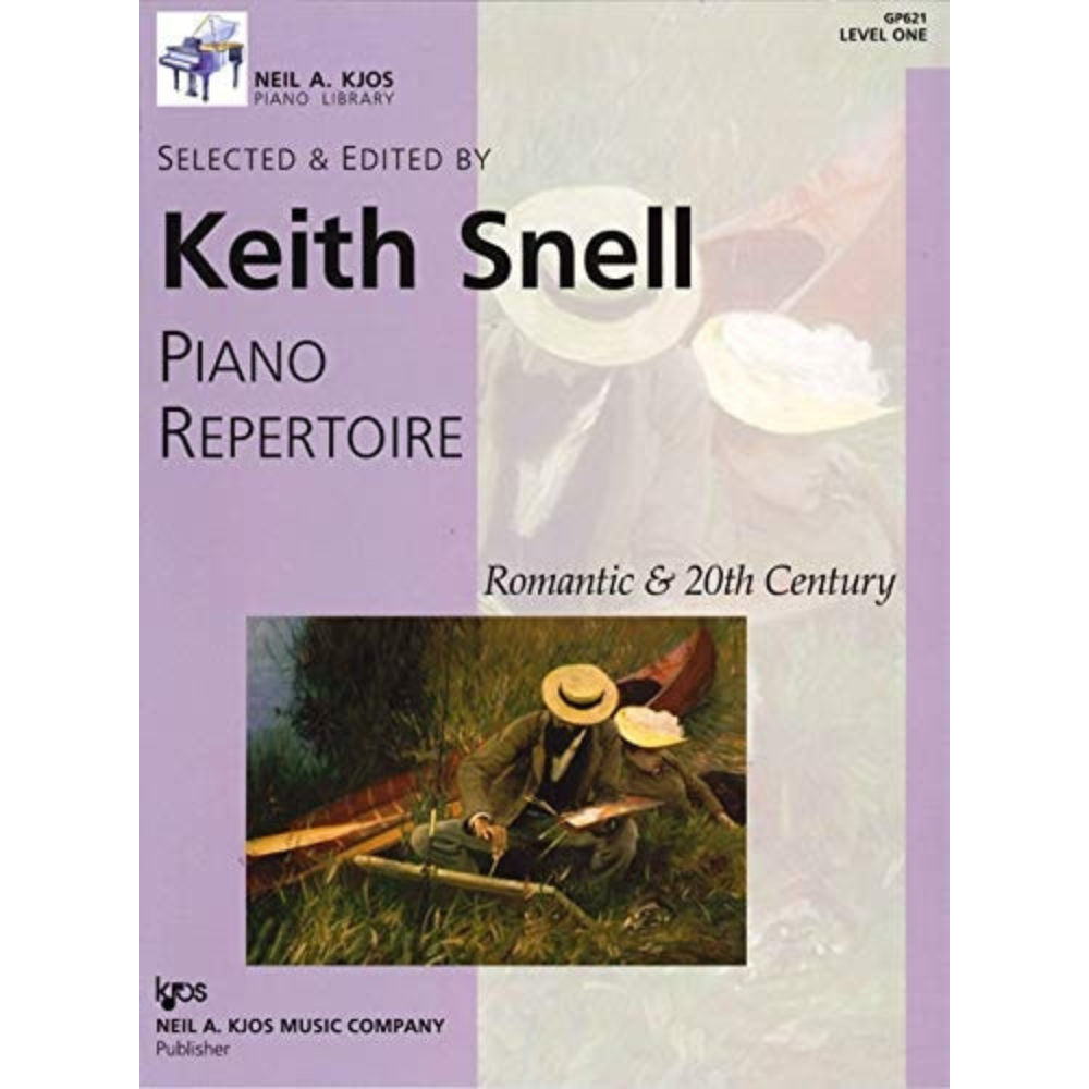 The image shows a piano method book from the Neil A. Kjos Piano Library titled "Piano Repertoire: Romantic & 20th Century," Level One, edited by Keith Snell. The cover features a romantic illustration of two figures by water, reflecting the repertoire's theme. Published by Neil A. Kjos Music Company, the book introduces intermediate students to graded pieces from the Romantic and 20th-century classical periods.