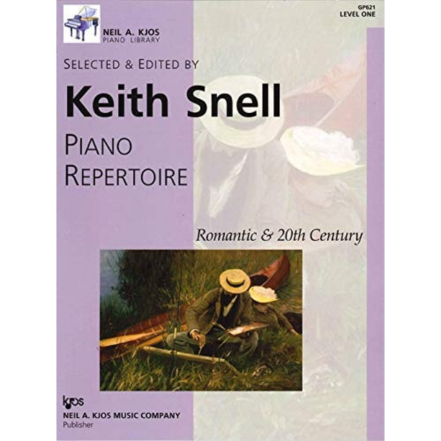 The image shows a piano method book from the Neil A. Kjos Piano Library titled "Piano Repertoire: Romantic & 20th Century," Level One, edited by Keith Snell. The cover features a romantic illustration of two figures by water, reflecting the repertoire's theme. Published by Neil A. Kjos Music Company, the book introduces intermediate students to graded pieces from the Romantic and 20th-century classical periods.