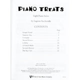 The image shows a table of contents from "Piano Treats" by Eugenie Rocherolle, featuring eight piano solos published by Neil A. Kjos Music Company. The pieces are: Gospel Truth! (p.2), Summer Day (p.5), Cowpoke (p.8), Desert Flower (p.12), Lullaby (p.14), A French Waltz (p.16), Seventh Heaven (p.20), and The Jig's Up! (p.22). The collection targets piano students with diverse musical styles and includes publishing details at the bottom.