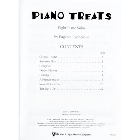 The image shows a table of contents from "Piano Treats" by Eugenie Rocherolle, featuring eight piano solos published by Neil A. Kjos Music Company. The pieces are: Gospel Truth! (p.2), Summer Day (p.5), Cowpoke (p.8), Desert Flower (p.12), Lullaby (p.14), A French Waltz (p.16), Seventh Heaven (p.20), and The Jig's Up! (p.22). The collection targets piano students with diverse musical styles and includes publishing details at the bottom.