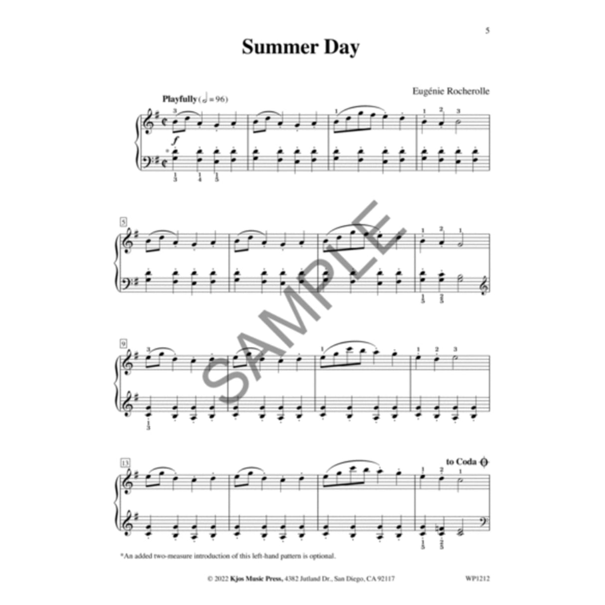 The image shows sheet music for "Summer Day" by Eugénie Rocherolle, arranged for piano with treble and bass clefs. It features a 2/4 time signature, G major key, and a tempo marking "Playfully" (quarter note = 96). Four systems are visible with measure numbers. A note mentions an optional two-measure left-hand introduction. Published in 2022 by Kjos Music Press (WP1212), the page has a diagonal "SAMPLE" watermark.