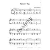 The image shows sheet music for "Summer Day" by Eugénie Rocherolle, arranged for piano with treble and bass clefs. It features a 2/4 time signature, G major key, and a tempo marking "Playfully" (quarter note = 96). Four systems are visible with measure numbers. A note mentions an optional two-measure left-hand introduction. Published in 2022 by Kjos Music Press (WP1212), the page has a diagonal "SAMPLE" watermark.