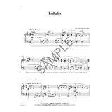 The image shows a page of piano sheet music titled "Lullaby" by Eugénie Rocherolle, featuring treble and bass clefs in 3/4 time. It includes tempo markings ("Slowly ♩=72," then "Slightly faster ♩=88"), dynamics ("mp"), phrasing with slurs, "poco rit." and "cresc." markings, measure numbers, and fingering. Copyright info from Kjos Music Press and a "SAMPLE" watermark indicate a preview of an intermediate-level educational piece.