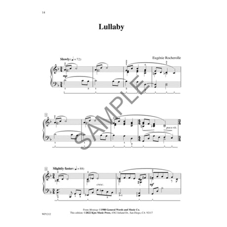 The image shows a page of piano sheet music titled "Lullaby" by Eugénie Rocherolle, featuring treble and bass clefs in 3/4 time. It includes tempo markings ("Slowly ♩=72," then "Slightly faster ♩=88"), dynamics ("mp"), phrasing with slurs, "poco rit." and "cresc." markings, measure numbers, and fingering. Copyright info from Kjos Music Press and a "SAMPLE" watermark indicate a preview of an intermediate-level educational piece.