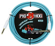 The image shows a 10-foot Pig Hog "Daphne Blue" vintage instrument cable featuring a light blue braided jacket, white connector boots, and 1/4" TS plugs on both ends. It includes the red pig mascot logo and is designed for connecting electric guitars, basses, and other instruments to amps or pedals. Known for durability and vintage style, this cable appeals to musicians seeking quality and retro aesthetics.