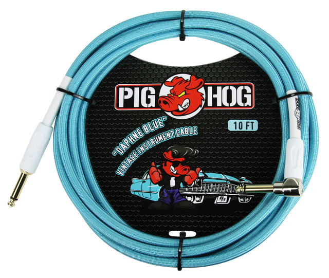 The image shows a 10-foot Pig Hog "Daphne Blue" vintage instrument cable featuring a light blue braided jacket, white connector boots, and 1/4" TS plugs on both ends. It includes the red pig mascot logo and is designed for connecting electric guitars, basses, and other instruments to amps or pedals. Known for durability and vintage style, this cable appeals to musicians seeking quality and retro aesthetics.