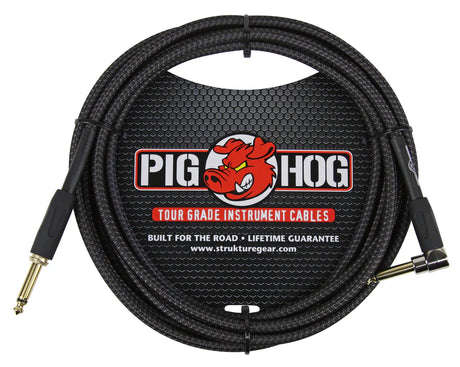 The image shows a Pig Hog Tour Grade instrument cable by Strukture Gear, featuring a black braided jacket, a straight and a right-angle 1/4" plug with gold contacts, and the red pig logo. Marked "Built for the Road" with a lifetime guarantee, it’s designed for durability and professional use, commonly connecting guitars, basses, or keyboards to amps and pedals. Website: www.strukturegear.com.