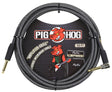 The image shows a Pig Hog 10-foot guitar cable with gold-plated 1/4" connectors (one straight, one right-angle). It has a black braided outer jacket with a textured pattern and features the Pig Hog logo with a red pig mascot. The packaging includes "Amplifier Soul" and "Vintage Instrument Cable" text, plus an illustration of the mascot playing guitar. This professional-grade cable is designed for electric instruments, offering durability and reliable signal transfer.