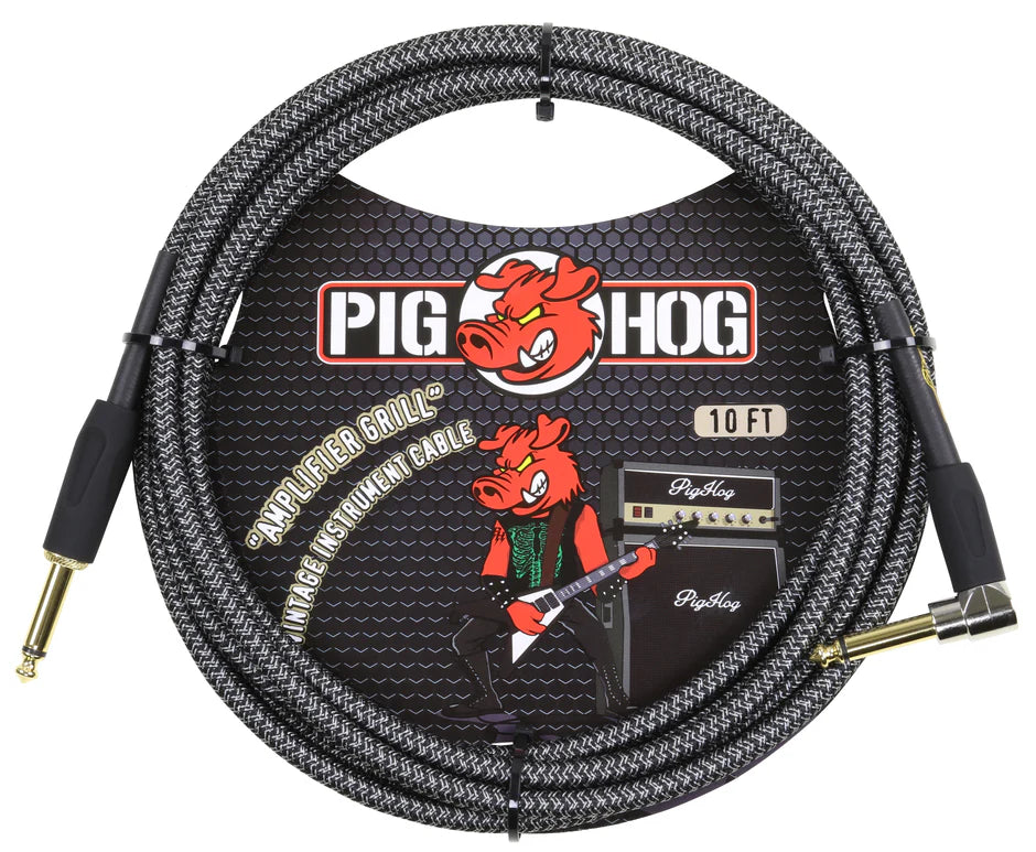 The image shows a Pig Hog 10-foot guitar cable with gold-plated 1/4" connectors (one straight, one right-angle). It has a black braided outer jacket with a textured pattern and features the Pig Hog logo with a red pig mascot. The packaging includes "Amplifier Soul" and "Vintage Instrument Cable" text, plus an illustration of the mascot playing guitar. This professional-grade cable is designed for electric instruments, offering durability and reliable signal transfer.