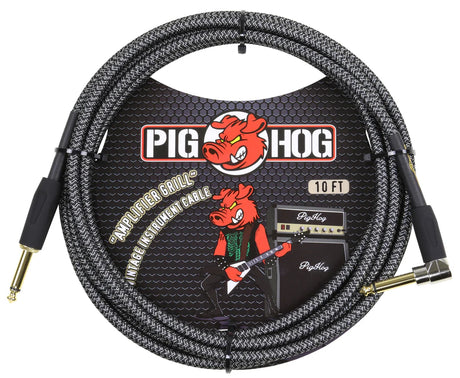 The image shows a Pig Hog 10-foot guitar cable with gold-plated 1/4" connectors (one straight, one right-angle). It has a black braided outer jacket with a textured pattern and features the Pig Hog logo with a red pig mascot. The packaging includes "Amplifier Soul" and "Vintage Instrument Cable" text, plus an illustration of the mascot playing guitar. This professional-grade cable is designed for electric instruments, offering durability and reliable signal transfer.