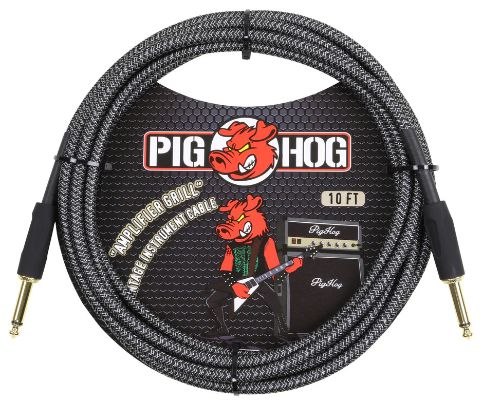 The image shows a Pig Hog 10-foot "Amplified Grill" vintage instrument cable with a black and gray woven exterior and gold-plated 1/4" connectors. The packaging features the Pig Hog logo and a red pig mascot depicted as a rock musician with a guitar and amplifier. This durable cable offers professional appearance, reduced noise, and reliable signal transmission, ideal for guitars, basses, and other instruments.