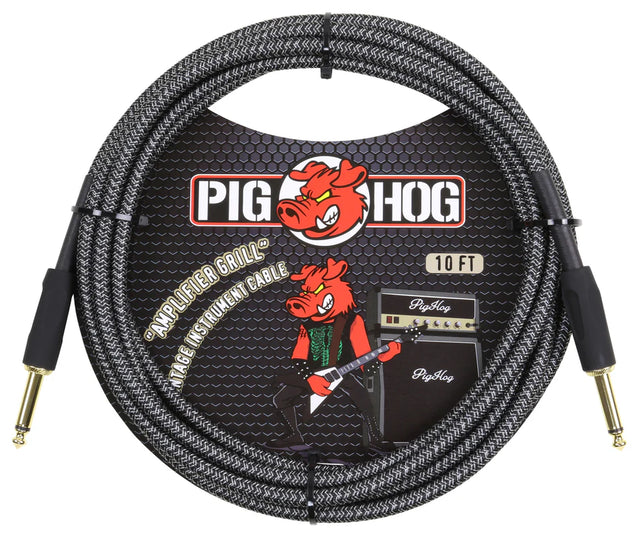 The image shows a Pig Hog 10-foot "Amplified Grill" vintage instrument cable with a black and gray woven exterior and gold-plated 1/4" connectors. The packaging features the Pig Hog logo and a red pig mascot depicted as a rock musician with a guitar and amplifier. This durable cable offers professional appearance, reduced noise, and reliable signal transmission, ideal for guitars, basses, and other instruments.