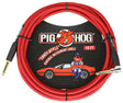The image shows a 10-foot Pig Hog "Candy Apple" vintage instrument cable with a bright red braided exterior and gold-plated 1/4" connectors. It features the Pig Hog pig mascot logo and comes in packaging depicting the pig with a vintage red sports car. Designed for electric guitars, basses, and other instruments, the durable braided cable offers both retro style and protection against interference and damage.