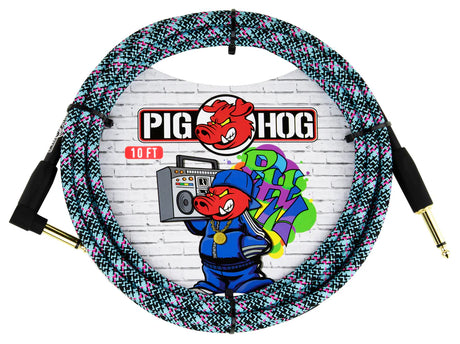 The image shows a Pig Hog instrument cable with a colorful woven fabric sleeve in black, white, pink, and teal. It has gold-plated 1/4" connectors on both ends and a 10 FT length marking on the packaging. The Pig Hog logo features their cartoon pig mascot. This durable, tangle-resistant cable is popular with musicians for connecting electric instruments to amps and pedals, noted for its street art-inspired design.