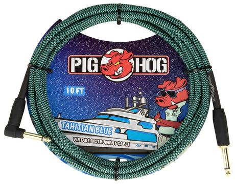 The image shows a 10-foot Pig Hog "Tahitian Blue" vintage instrument cable with a braided teal/turquoise exterior. It features gold-plated 1/4" connectors, including one right-angle plug, and displays Pig Hog branding. Designed for electric guitars, basses, and keyboards, this durable, high-quality cable connects instruments to amps, pedals, or audio interfaces, favored for its sound quality and vibrant design.