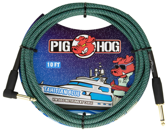 The image shows a 10-foot Pig Hog "Tahitian Blue" vintage instrument cable with a braided teal/turquoise exterior. It features gold-plated 1/4" connectors, including one right-angle plug, and displays Pig Hog branding. Designed for electric guitars, basses, and keyboards, this durable, high-quality cable connects instruments to amps, pedals, or audio interfaces, favored for its sound quality and vibrant design.
