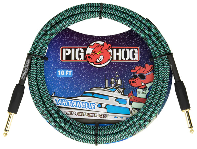 The image shows a Pig Hog "Tahitian Blue" vintage 10-foot instrument cable with a turquoise and black woven chevron pattern. It has gold-plated 1/4" connectors with black strain reliefs. The packaging features Pig Hog’s red pig mascot and nautical artwork, including a yacht and a pig wearing sunglasses. Designed for guitars, basses, and keyboards, it combines durability with a stylish, maritime-inspired look.