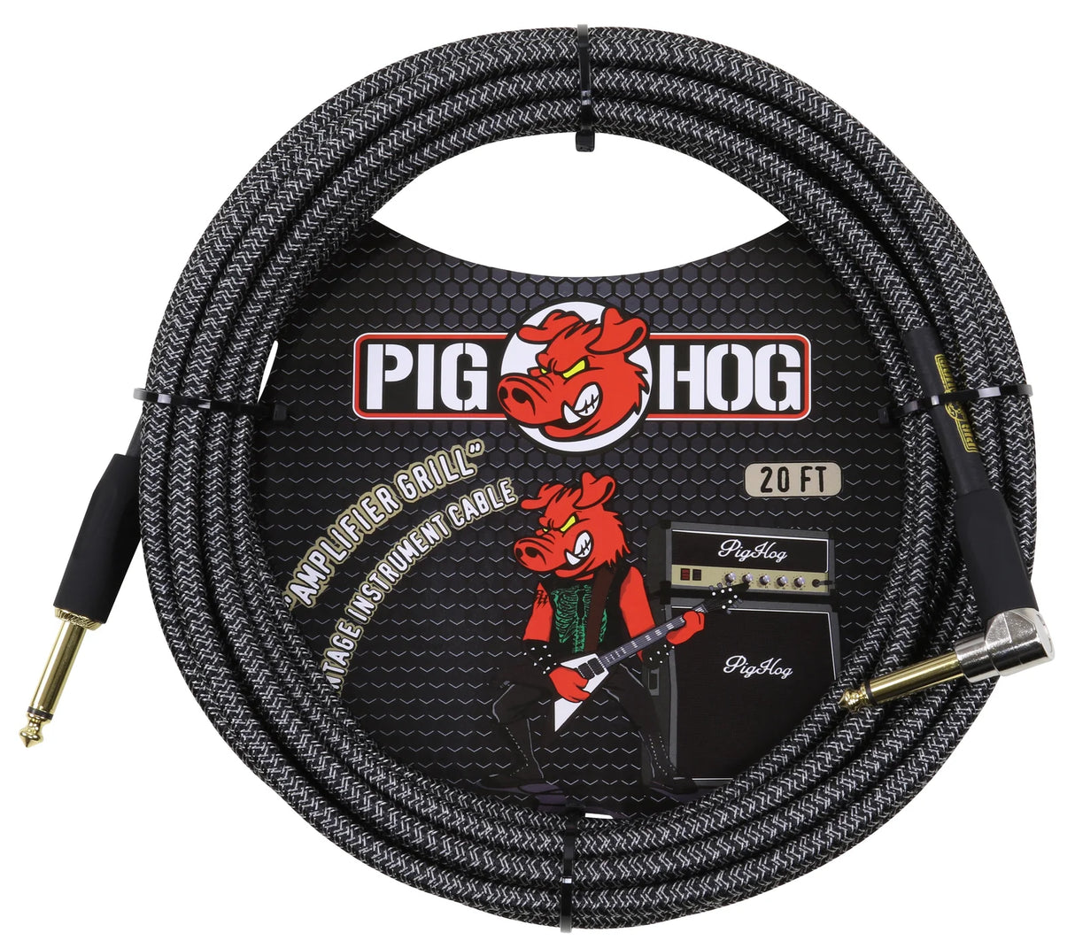 The image shows a Pig Hog "Amplifier Grill" 20-foot instrument cable with a coiled black woven exterior for durability. It has gold-plated 1/4" connectors on both ends and features the Pig Hog logo with a red pig mascot. The packaging depicts the pig playing guitar by an amplifier stack. This professional-grade cable is designed for electric guitars, basses, and other instruments, offering interference protection suitable for live and studio use.