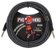 The image shows a Pig Hog 20-foot "Amplifier Grill" series instrument cable with gold-plated 1/4" straight connectors. It features a black woven fabric outer with a geometric pattern and the Pig Hog logo, including the red pig mascot. Designed for electric guitars and basses, this high-quality cable emphasizes durability and signal clarity, making it a reliable choice for musicians.
