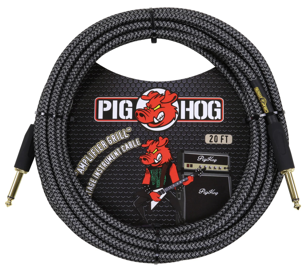 The image shows a Pig Hog 20-foot "Amplifier Grill" series instrument cable with gold-plated 1/4" straight connectors. It features a black woven fabric outer with a geometric pattern and the Pig Hog logo, including the red pig mascot. Designed for electric guitars and basses, this high-quality cable emphasizes durability and signal clarity, making it a reliable choice for musicians.