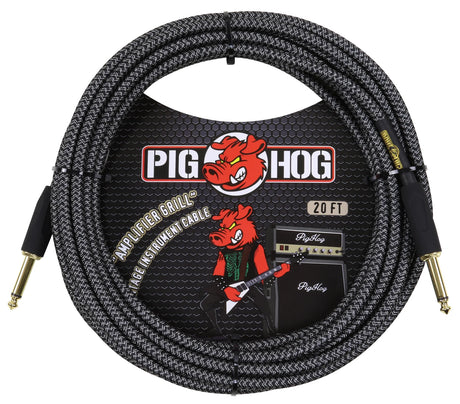 The image shows a Pig Hog 20-foot "Amplifier Grill" series instrument cable with gold-plated 1/4" straight connectors. It features a black woven fabric outer with a geometric pattern and the Pig Hog logo, including the red pig mascot. Designed for electric guitars and basses, this high-quality cable emphasizes durability and signal clarity, making it a reliable choice for musicians.