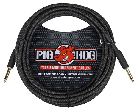 The image shows a Pig Hog tour-grade instrument cable with a durable black braided jacket and gold-plated 1/4" TS connectors. Featuring the red Pig Hog pig logo, it is labeled "Built for the Road" with a lifetime guarantee. Designed for electric guitars, basses, and electronic instruments, this professional-quality cable is made to endure live performance and heavy use. The brand's website, www.strukturegear.com, is also visible.