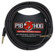 The image shows a Pig Hog brand tour-grade instrument cable with a black braided jacket and gold-plated 1/4" TS connectors (one straight, one right-angled). Featuring the red boar logo, it’s a professional-quality cable by Strukture Gear, built for durability and reliable performance. The packaging highlights a lifetime warranty and the "Built for the Road" tagline, ideal for electric guitars, basses, and electronic instruments.