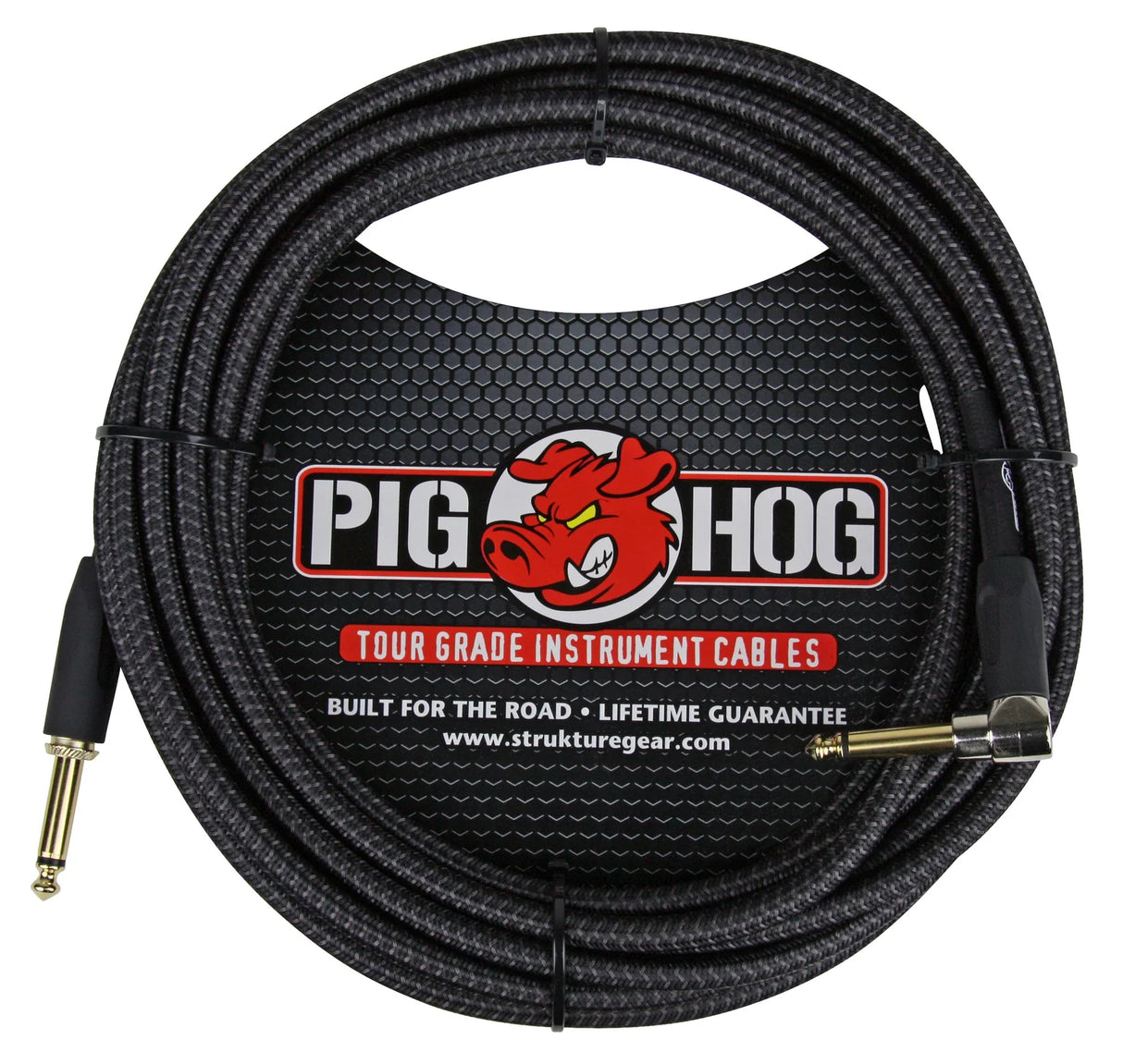 The image shows a Pig Hog brand tour-grade instrument cable with a black braided jacket and gold-plated 1/4" TS connectors (one straight, one right-angled). Featuring the red boar logo, it’s a professional-quality cable by Strukture Gear, built for durability and reliable performance. The packaging highlights a lifetime warranty and the "Built for the Road" tagline, ideal for electric guitars, basses, and electronic instruments.