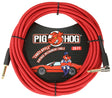 The image shows a Pig Hog "Candy Apple" vintage-style 20-foot instrument cable with a red woven exterior and gold-plated connectors—one straight and one right-angle 1/4" plug. The cable is coiled with black ties, and the packaging features Pig Hog’s pig mascot in vintage attire beside a classic red sports car. This high-quality cable is ideal for guitars, basses, and keyboards, carrying audio signals to amps or pedals.