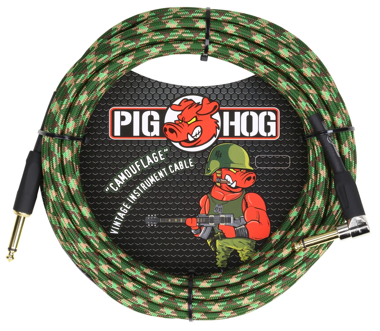 The image shows a Pig Hog vintage instrument cable with a green and tan camouflage woven jacket. It features gold-plated 1/4" connectors—one straight and one right-angle—for versatile use. The cable is labeled for musical instruments and displays the Pig Hog logo with a red pig mascot in military gear. Its durable woven exterior offers protection and tangle resistance, combining reliability with a unique vintage military style.