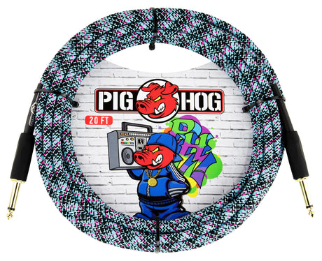 The image shows a Pig Hog 20-foot instrument cable with a colorful woven fabric sleeve in black, white, pink, and teal. It has gold-plated 1/4" connectors on both ends. The packaging features the Pig Hog logo with a red pig mascot and graffiti-style artwork on a brick wall, giving an urban, street art look. This premium cable is designed for reliable performance and distinctive style.