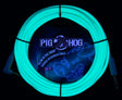 The image shows a 20-foot Pig Hog "Glow in the Dark" vintage instrument cable coiled against a dark background. It features a bright cyan-turquoise glowing outer jacket and standard 1/4" black connectors at both ends. Designed for electric guitars and other instruments, the cable’s glow helps musicians locate it on dark stages while adding visual flair. Pig Hog is known for reliable, stylish cables favored by performers.